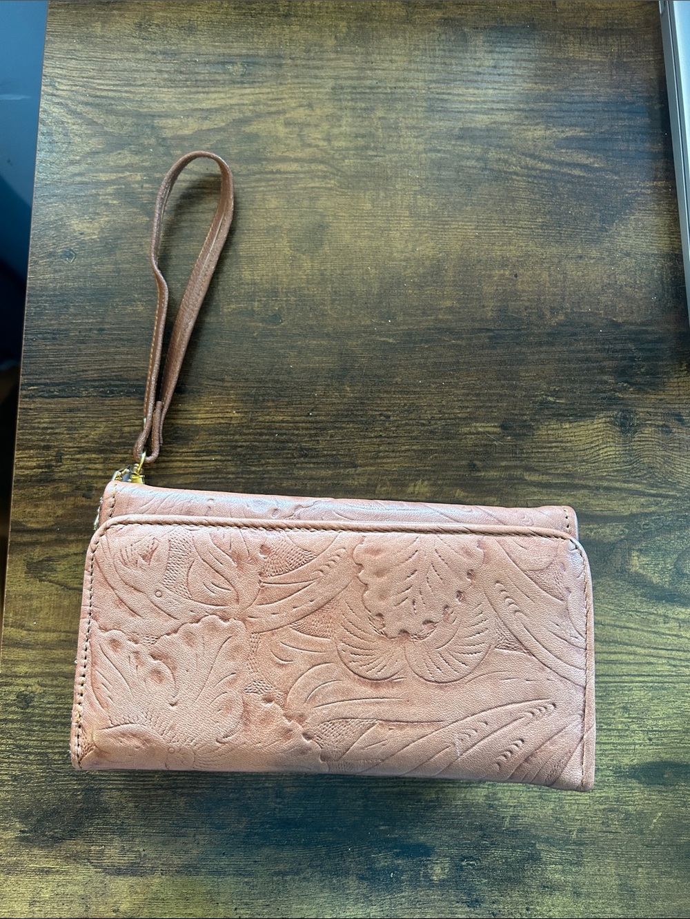 Embossed Floral Wristlet Wallet - light brown